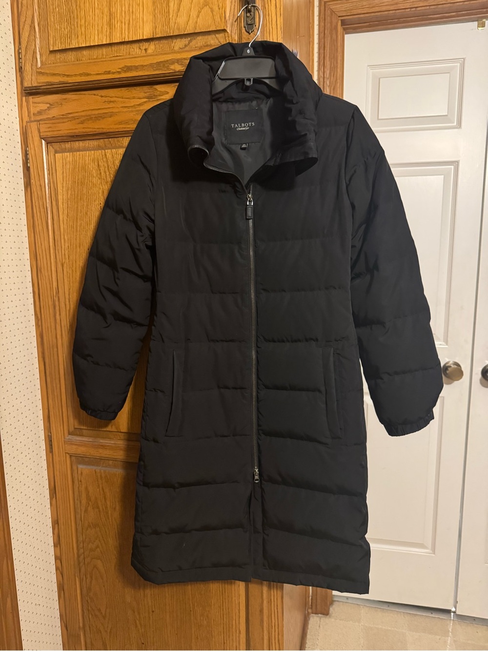 Talbots Black Long Puffer Coat with High Collar Duck Down/feather XS